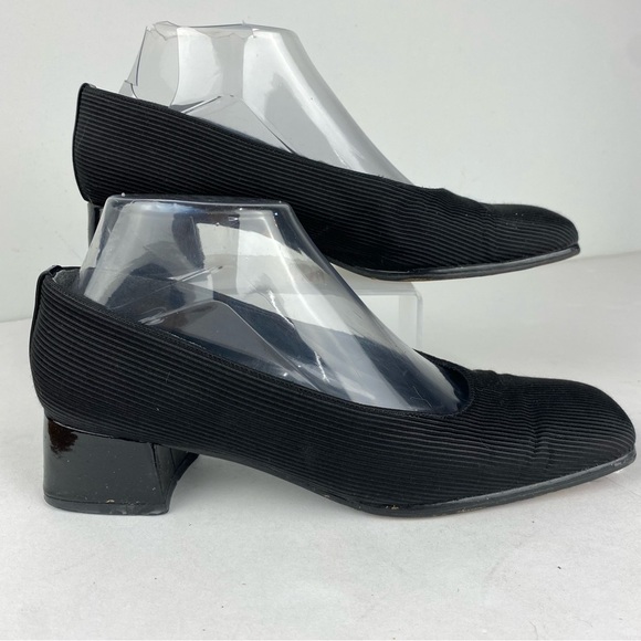 VTG Stuart Weitzman Womens 8B Black Block Patent Leather Heel Satin Pump Slip On - Picture 1 of 7